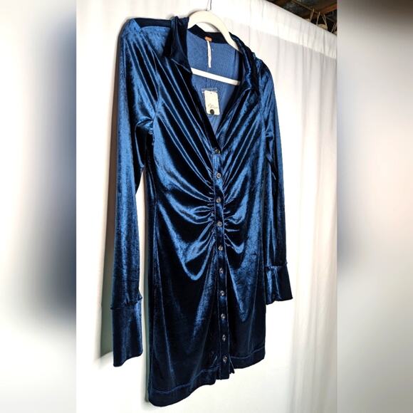 Free People Blue Velvet Whismigoth Dark Fairy Renaissance Ruched Mini Dress SML - Picture 6 of 9